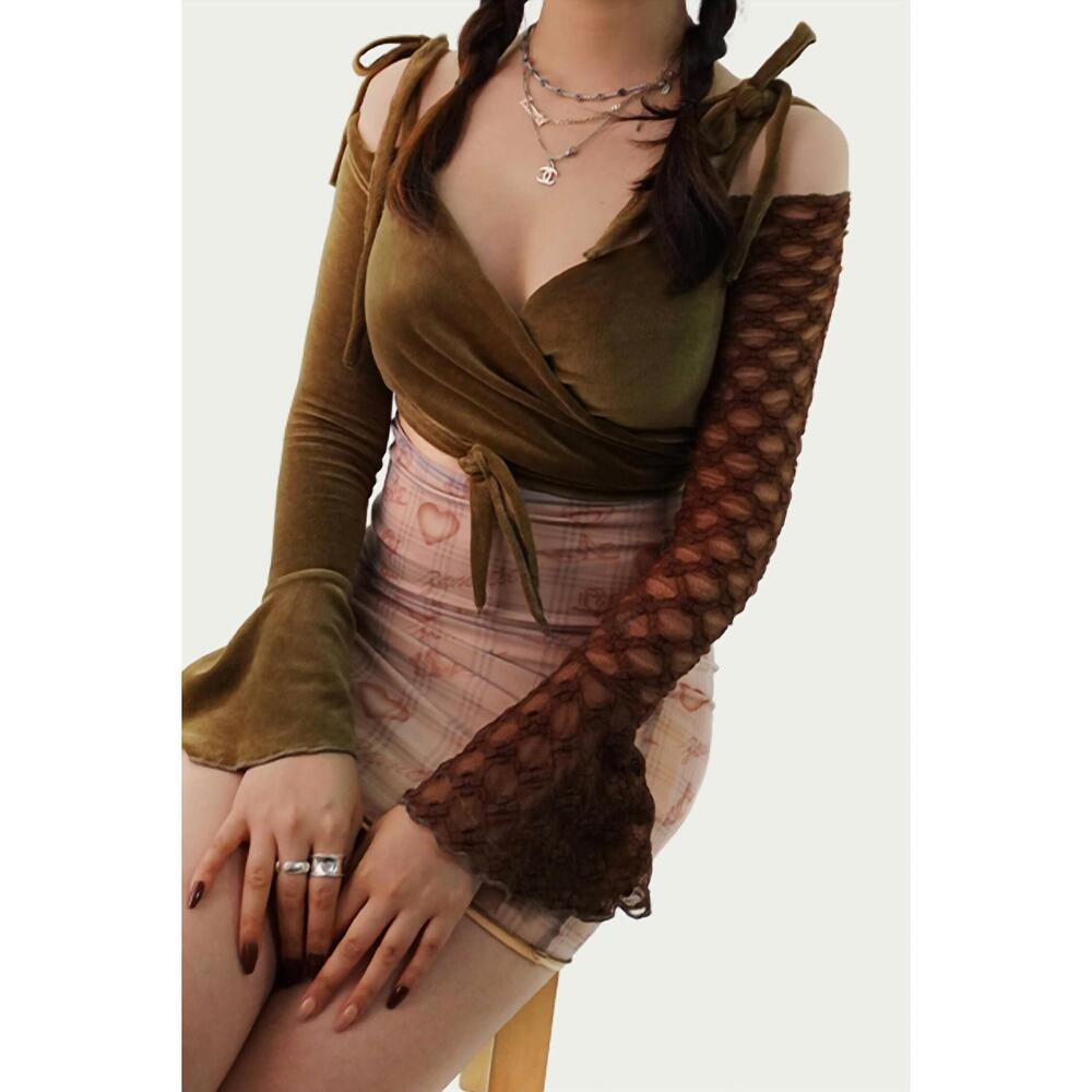 NEW ZEMETA fairy velvet and mesh wrap cropped top in olive